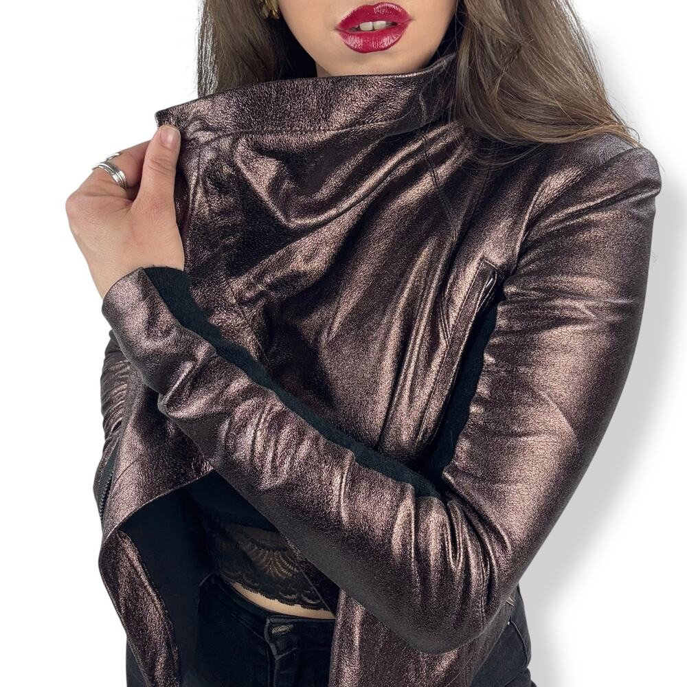 VEDA NYC metallic bronze lamb leather fitted cropped biker jacket - Picture 2 of 16